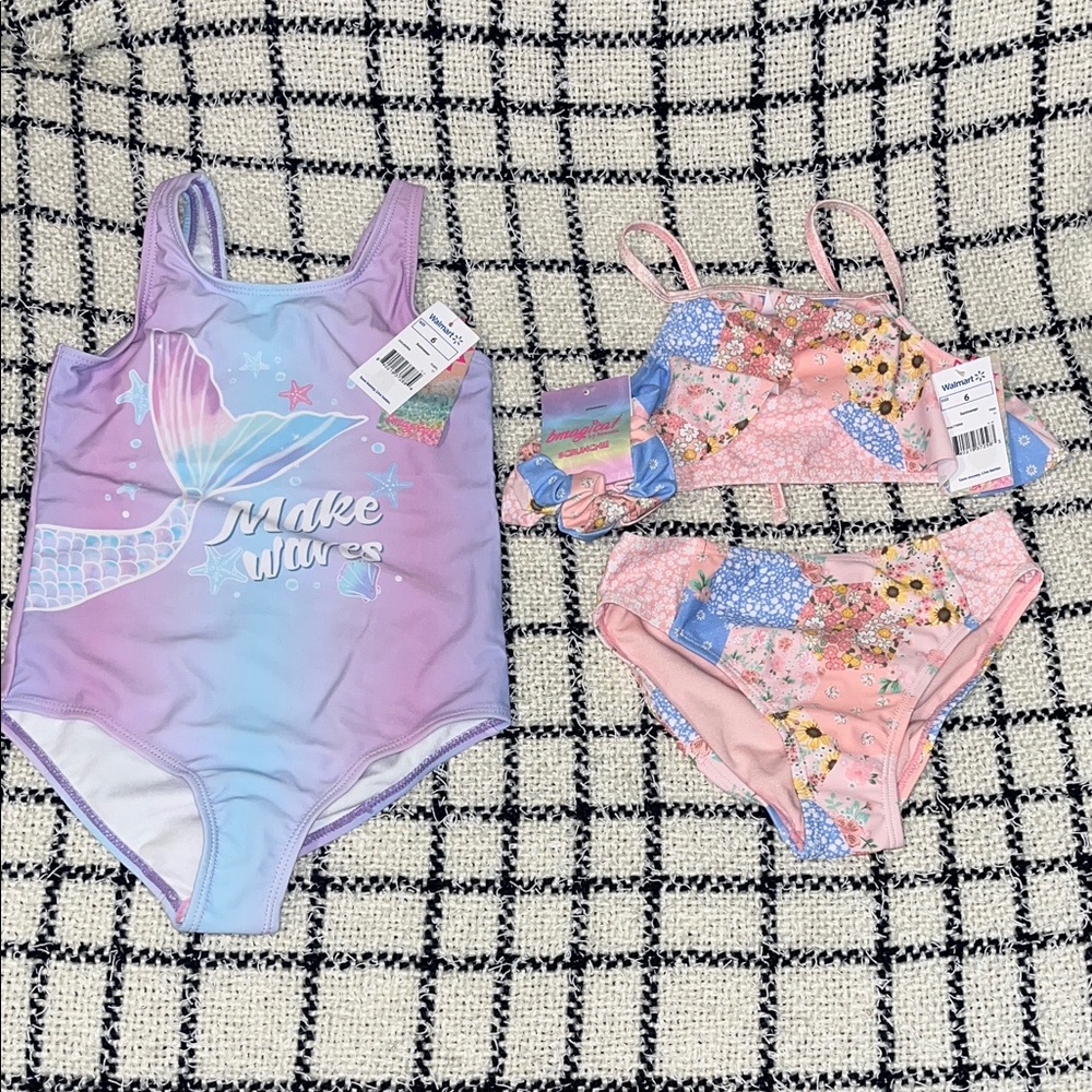 Kids Mermaid One-Piece Swimsuit & Pink Floral Bikini Set